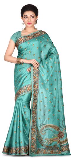 Blue color Saree in Banarasi Silk, Silk fabric with Thread work