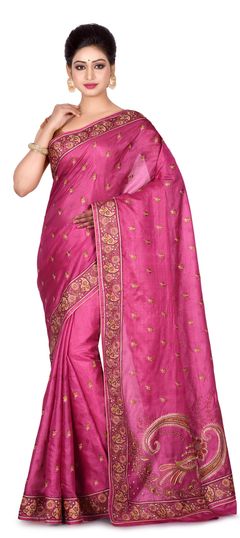 Pink and Majenta color Saree in Banarasi Silk, Silk fabric with Thread work