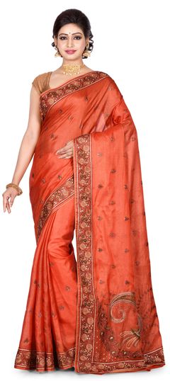 Orange color Saree in Banarasi Silk, Silk fabric with Thread work