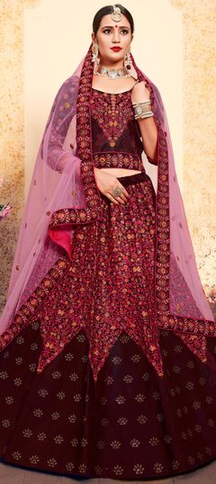 Red and Maroon color Lehenga in Satin Silk fabric with Embroidered, Resham, Thread work