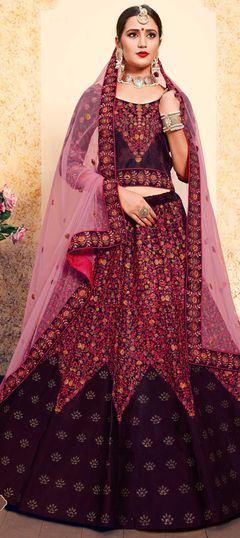 Beige and Brown color Lehenga in Satin Silk fabric with Embroidered, Resham, Thread work