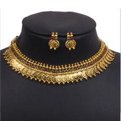 Gold Rodium Polish Green, Red and Maroon color Necklace in Metal Alloy studded with Austrian diamond, Kundan