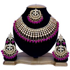 Gold Rodium Polish Pink and Majenta, White and Off White color Necklace in Metal Alloy studded with Kundan