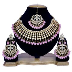 Gold Rodium Polish Pink and Majenta, White and Off White color Necklace in Metal Alloy studded with Kundan