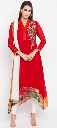 Red and Maroon color Salwar Kameez in Faux Georgette fabric with Embroidered, Resham, Thread work