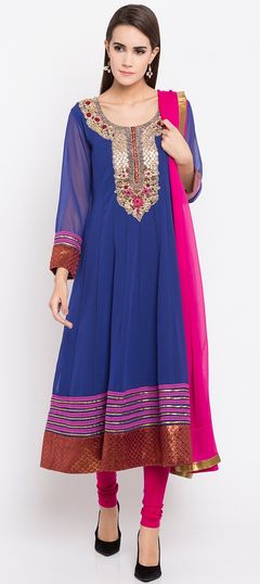 Blue color Salwar Kameez in Faux Georgette fabric with Embroidered, Patch, Thread work