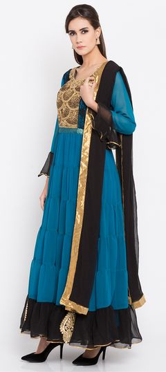 Blue color Salwar Kameez in Faux Georgette fabric with Patch work