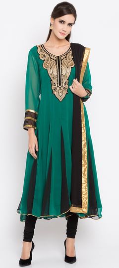 Green color Salwar Kameez in Faux Georgette fabric with Patch, Thread work