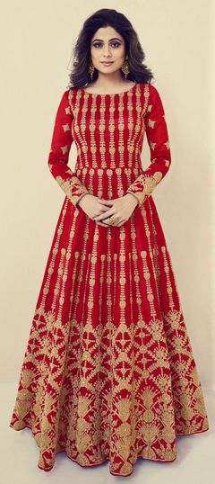 Red and Maroon color Salwar Kameez in Art Silk fabric with Embroidered, Stone, Thread, Zari work