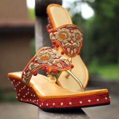 Gold, Red and Maroon color Women Shoes in Faux Leather, Silk fabric with Zardozi work