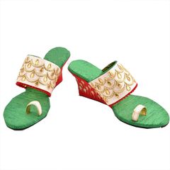 Green, Pink and Majenta color Women Shoes in Faux Leather, Silk fabric with Gota Patti, Thread work