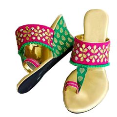 Multicolor color Women Shoes in Faux Leather, Silk fabric with Gota Patti work