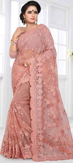 Party Wear, Reception Pink and Majenta color Saree in Net fabric with Classic Embroidered, Resham, Stone, Thread work : 1549802