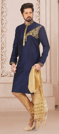 Blue color Kurta Pyjamas in Banarasi Silk fabric with Embroidered, Stone, Thread work