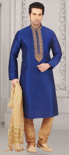 Blue color Kurta Pyjamas in Banarasi Silk fabric with Embroidered, Thread work