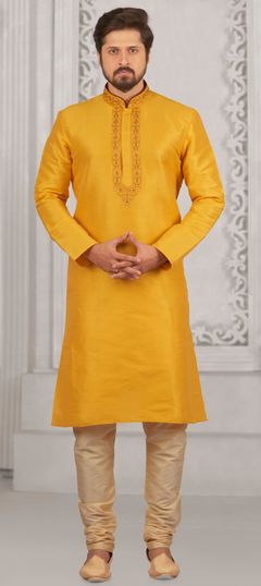 Yellow color Kurta Pyjamas in Banarasi Silk fabric with Embroidered, Thread work