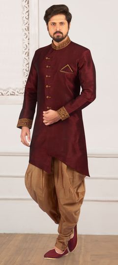 Red and Maroon color IndoWestern Dress in Banarasi Silk fabric with Embroidered, Thread, Zari work