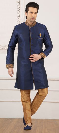 Blue color IndoWestern Dress in Banarasi Silk fabric with Embroidered, Stone, Thread work