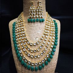 Gold Rodium Polish Blue, White and Off White color Necklace in Metal Alloy studded with CZ Diamond, Kundan