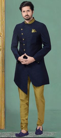 Blue color IndoWestern Dress in Silk fabric with Embroidered, Thread work