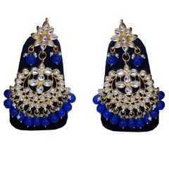 Gold Rodium Polish Blue, White and Off White color Earrings in Metal Alloy studded with CZ Diamond, Kundan