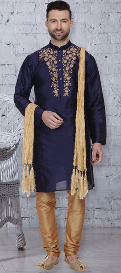 Blue color Kurta Pyjamas in Dupion Silk fabric with Embroidered, Thread work