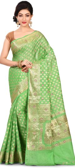 Green color Saree in Banarasi Silk, Silk fabric with Stone, Weaving work