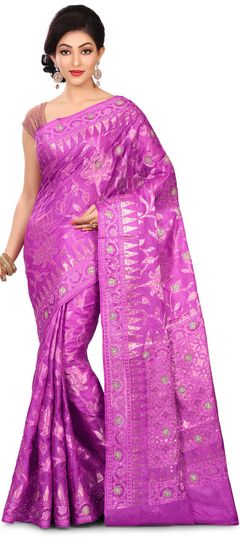 Pink and Majenta color Saree in Banarasi Silk, Silk fabric with Stone, Weaving work