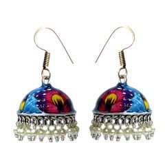 Silver Rodium Polish White and Off White color Earrings in Copper studded with Beads
