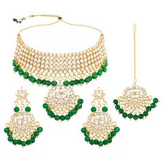 Gold Rodium Polish Green, White and Off White color Necklace in Metal Alloy studded with CZ Diamond