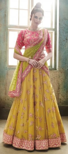 Yellow color Lehenga in Net fabric with Embroidered, Resham, Stone, Thread work