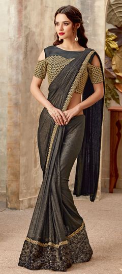 Black and Grey color Readymade Saree in Lycra fabric with Embroidered, Sequence, Thread work