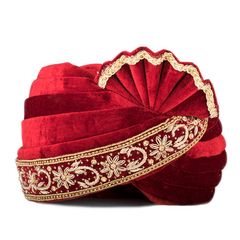 Red and Maroon color Turban in Velvet fabric with Bugle Beads, Stone, Zardozi work