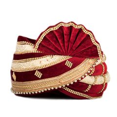 Red and Maroon, White and Off White color Turban in Brocade, Velvet fabric with Lace, Patch work