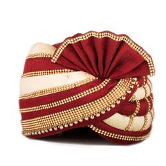 Red and Maroon, White and Off White color Turban in Silk fabric with Bugle Beads, Lace work