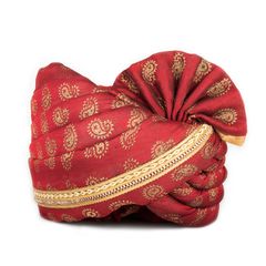 Red and Maroon color Turban in Chanderi Silk fabric with Lace work