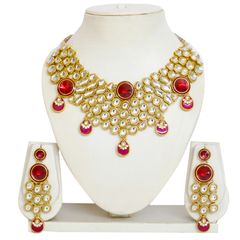 Gold Rodium Polish Red and Maroon, White and Off White color Necklace in Copper studded with Kundan