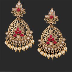 Gold Rodium Polish Red and Maroon, White and Off White color Earrings in Brass studded with CZ Diamond, Pearl