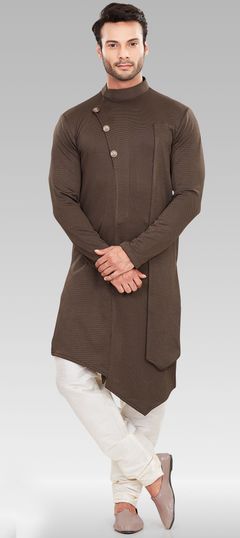 Beige and Brown color Kurta Pyjamas in Lycra fabric with Thread work