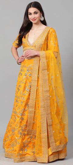 Orange color Lehenga in Art Silk, Silk fabric with Embroidered, Sequence, Thread, Zari work