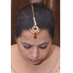 1559964: Red and Maroon color Mang Tikka in Brass studded with Kundan & Gold Rodium Polish