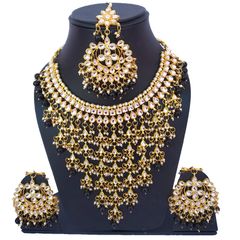 Gold Rodium Polish Black and Grey, White and Off White color Necklace in Metal Alloy studded with CZ Diamond, Kundan