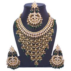 Gold Rodium Polish Green, White and Off White color Necklace in Metal Alloy studded with CZ Diamond, Kundan