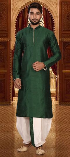 Green color Dhoti Kurta in Art Dupion Silk fabric with Thread work