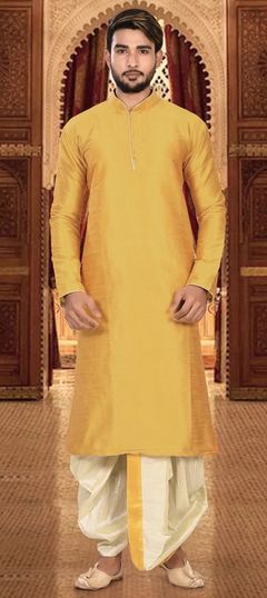 Yellow color Dhoti Kurta in Art Dupion Silk fabric with Thread work