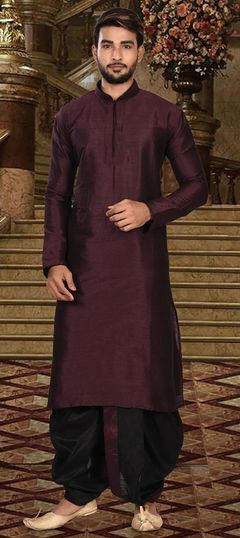 Purple and Violet color Dhoti Kurta in Art Dupion Silk fabric with Thread work