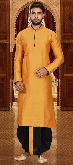 Yellow color Dhoti Kurta in Art Dupion Silk fabric with Thread work