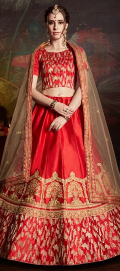 Red and Maroon color Lehenga in Satin Silk fabric with Embroidered, Stone, Thread, Zari work