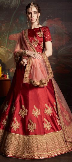 Red and Maroon color Lehenga in Satin Silk fabric with Embroidered, Stone, Thread, Zari work