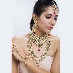 Gold Rodium Polish Pink and Majenta color Necklace in Metal Alloy studded with Kundan